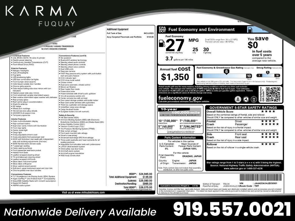 2018 Mitsubishi Outlander SE 2WD for sale by dealer