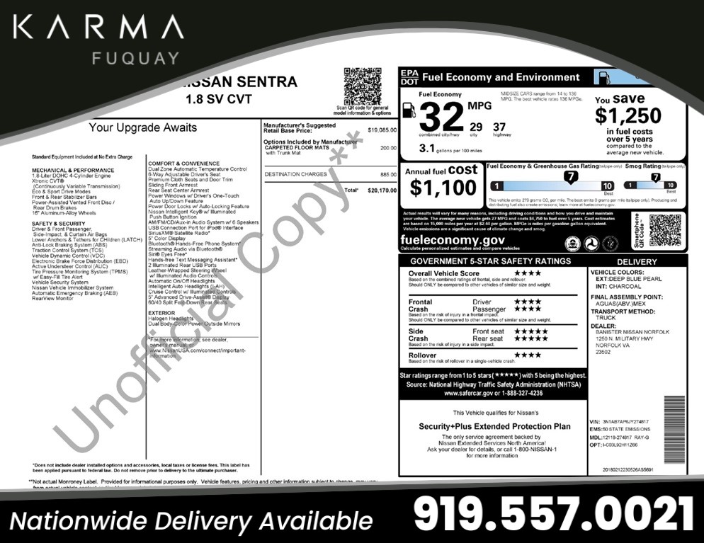 2018 Nissan Sentra SV for sale by dealer